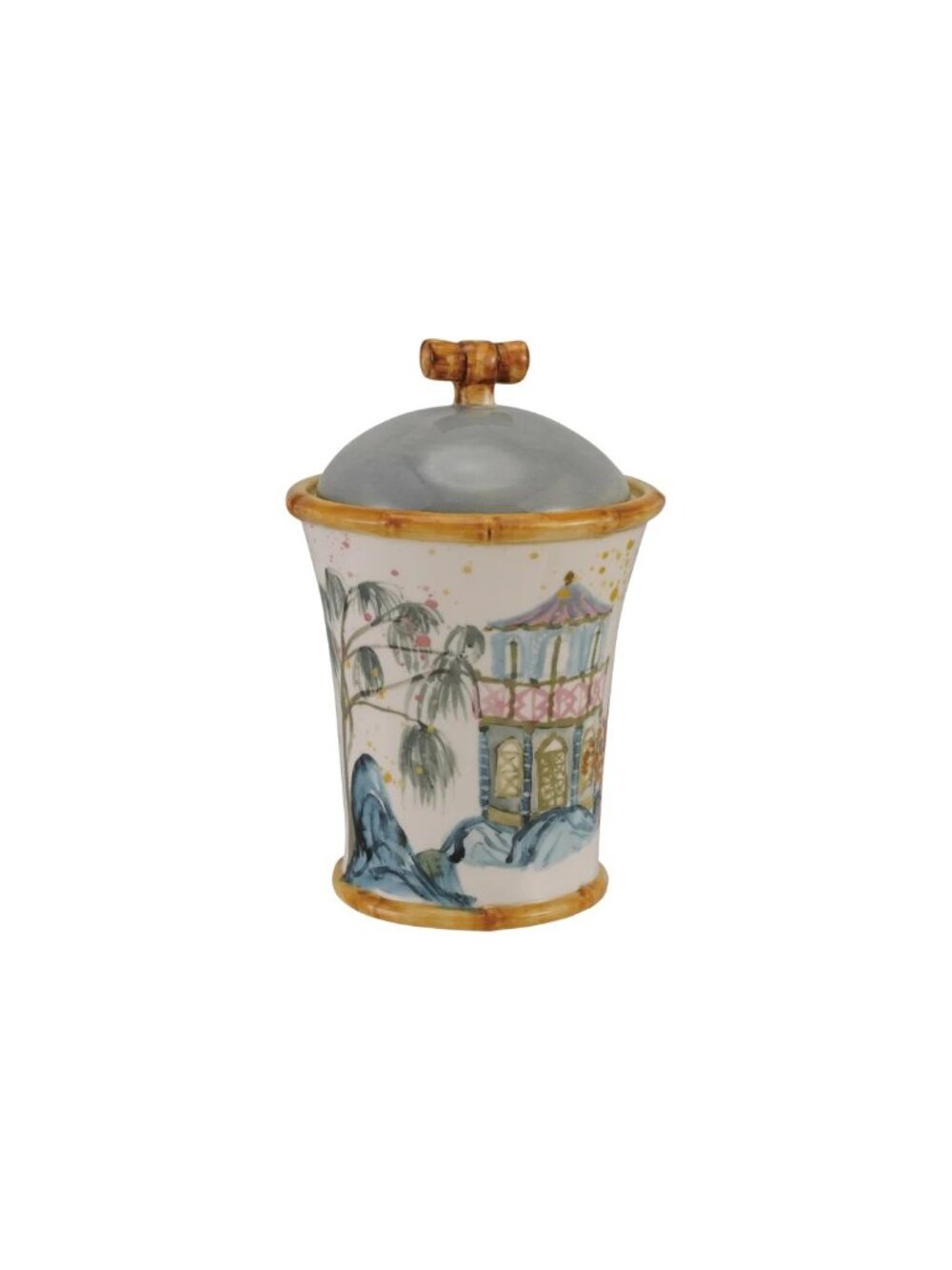 Hand-Painted Stoneware Canister with House, Palm Tree & Bamboo Style Edges